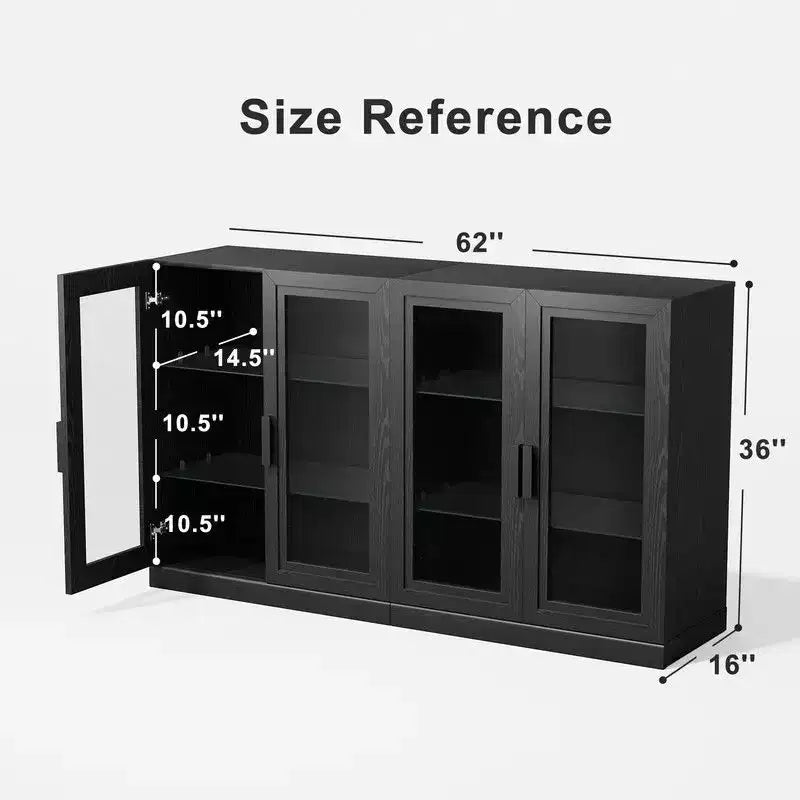 Grand buffet avec 4 portes vitrées et 2 étagères réglables