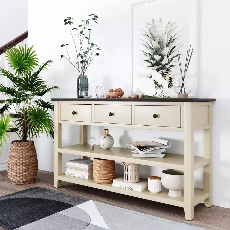 Console avec tiroirs et étagères ouvertes