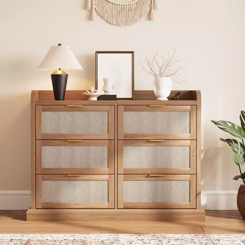 6 Drawer Dresser for Bedroom; 47.2W Rattan Chest of Drawers with Metal Handles; Wooden Clothes Storage Organizer; Dresser TV Stand for Hallway