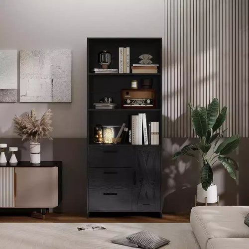 Acekool 6-Tier Bookshelf with Door and 3 Drawers; 71 Tall Bookcase; 3 Open Shelves; Storage Cabinet; for Home Office or Bedroom
