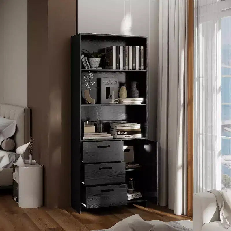 Une étagère à six niveaux, convenant à un bureau à domicile ou à une chambre à coucher.