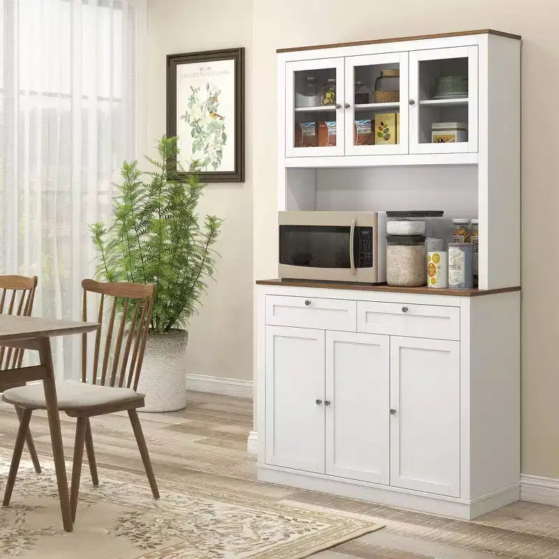 Okak 71in Mordern Pantry Cabinet; Freestanding Tall Cabinet with Hutch; 2 Drawers and 5 Doors; Storage Cabinet for Kitchen; White