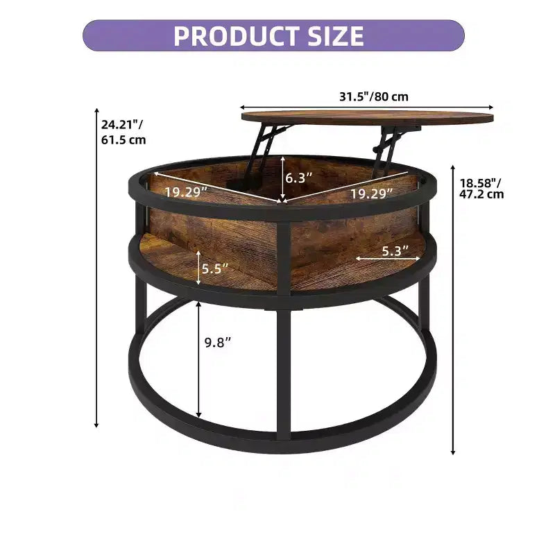Table basse ronde, réglable en hauteur, avec rangement et compartiments cachés.
