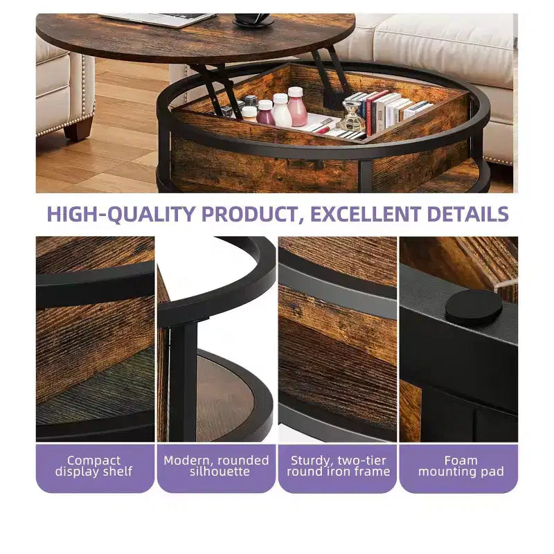Table basse ronde, réglable en hauteur, avec rangement et compartiments cachés.