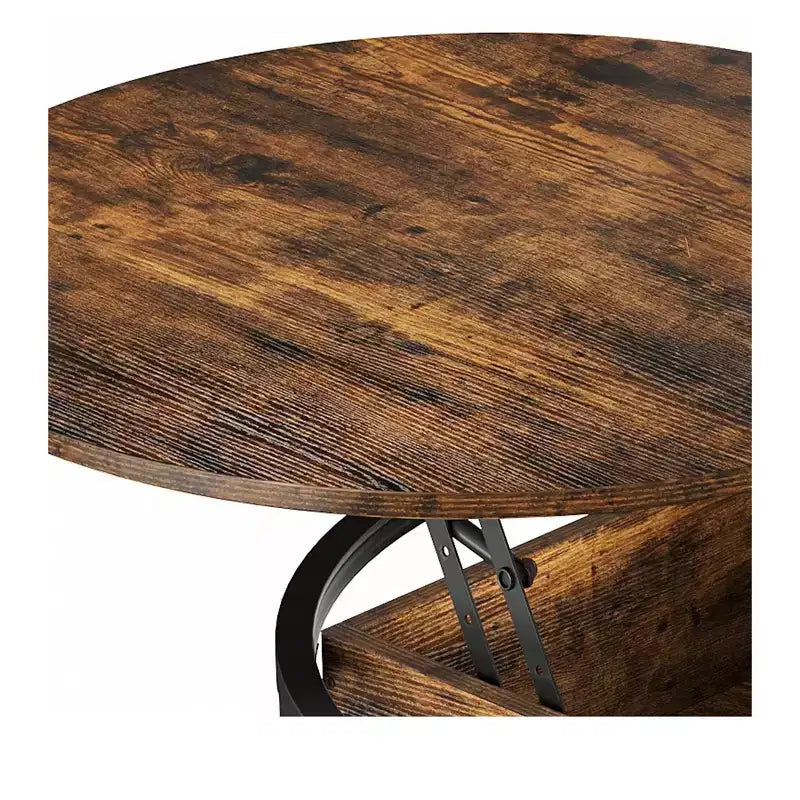 Table basse ronde, réglable en hauteur, avec rangement et compartiments cachés.