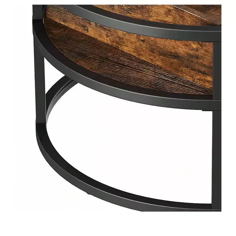 Table basse ronde, réglable en hauteur, avec rangement et compartiments cachés.