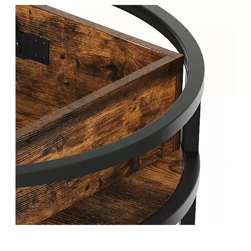 Table basse ronde, réglable en hauteur, avec rangement et compartiments cachés.