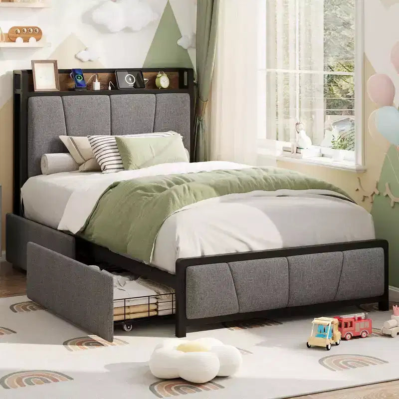 Coolmee Bed Frame with 2 Storage Drawers and Charging Station; Rustic Linen Upholstered Platform Bed with Storage Headboard; Heavy Duty