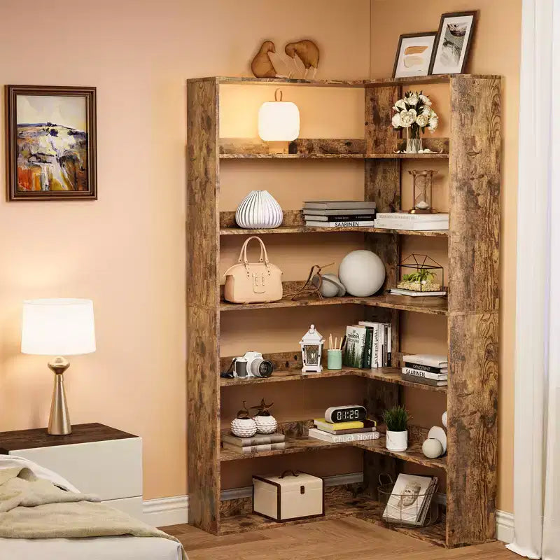 6-Tier Corner Shelf; 71'' Industrial Corner Bookshelf; Wood Corner Etagere Bookcase; Freestanding Display Shelf for Living Room Home Office