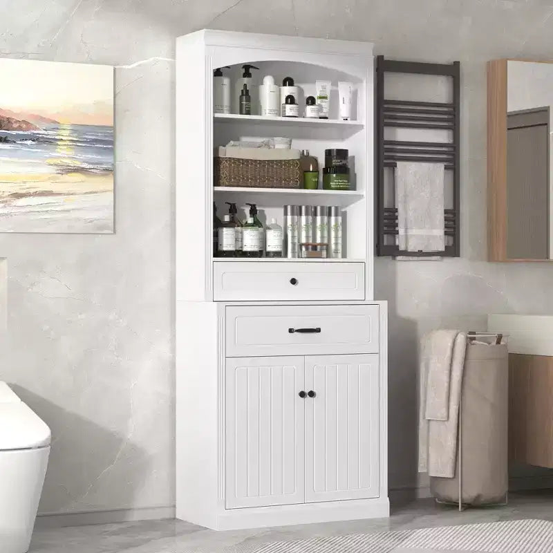 Okak Matte White Bathroom Storage Cabinet with 3 Shelves;2 Drawers&2 Doors;Anti-Tipping Bathroom Cabinet