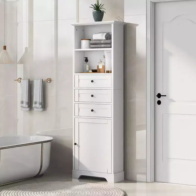 Okak Freestanding Bathroom Cabinet with 3-Drawer; Tall Storage Cabinet; Bathroom Floor Cabinet with Adjustable Shelves for Living/Office; White