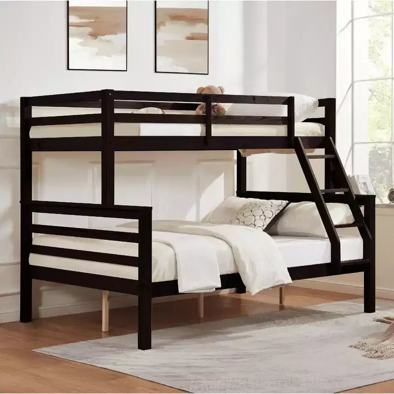 MAYEERTY Twin over Full Bunk Bed with Ladder; Wooden Bed Frame with High Guardrail for Kids; No Box Spring Needed