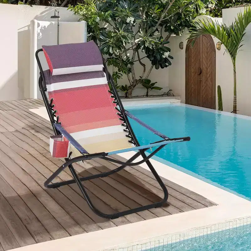 Portable Beach Chair for Adults; Outdoor Camping Chair Folding Beach Reclining Chair with Headrest; Heavy Rainbow Striped