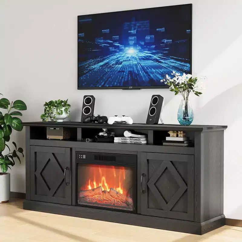 Meuble TV avec cheminée et étagères ouvertes, adapté au salon