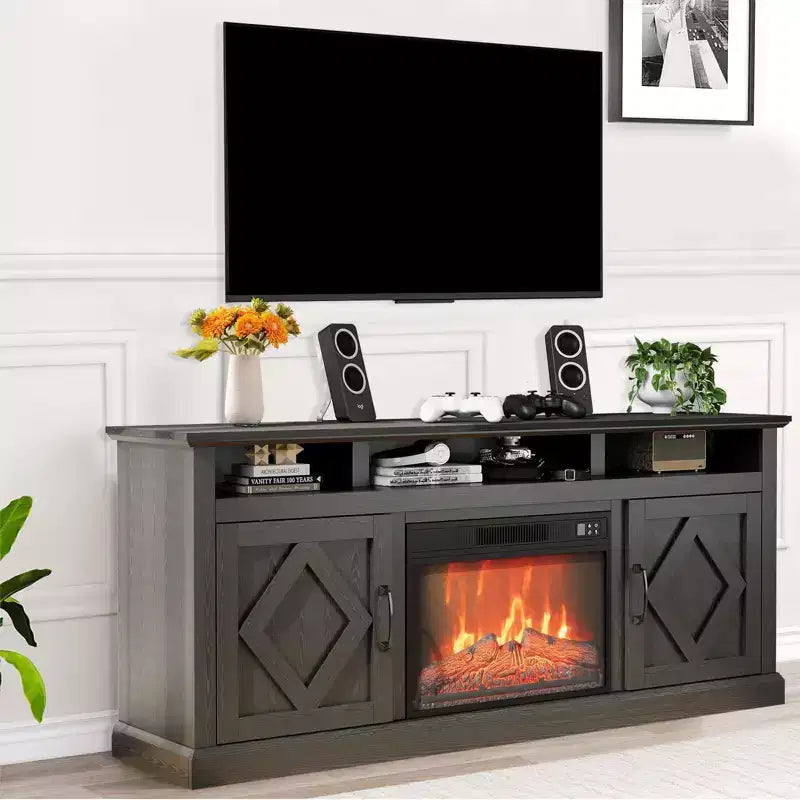 Meuble TV avec cheminée et étagères ouvertes, adapté au salon