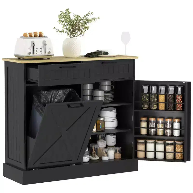 10 Gallon Farmhouse Kitchen Cabinet with Hidden Trash Can and 2 Drawers; Tilt Out Trash Can Cabinet for Kitchen