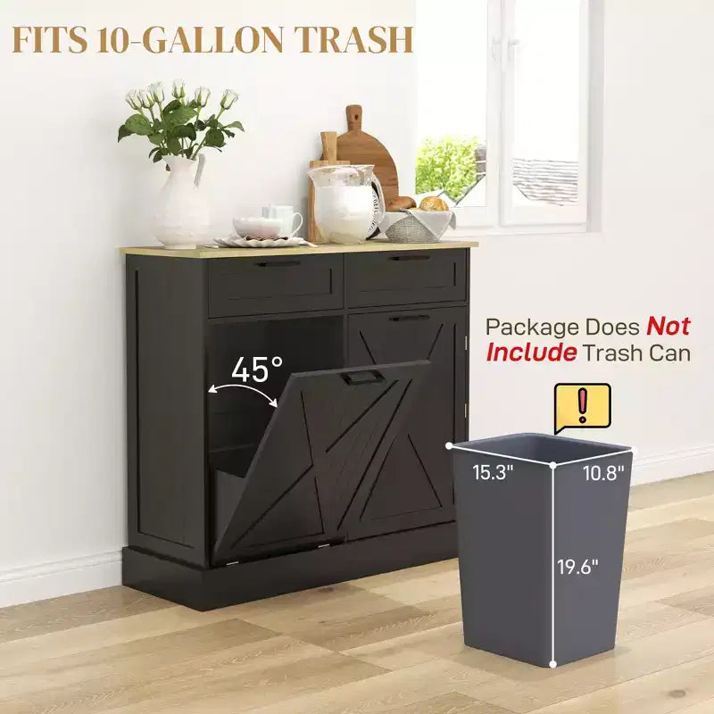 Meuble de cuisine avec poubelle basculante, poubelle dissimulée et deux tiroirs.