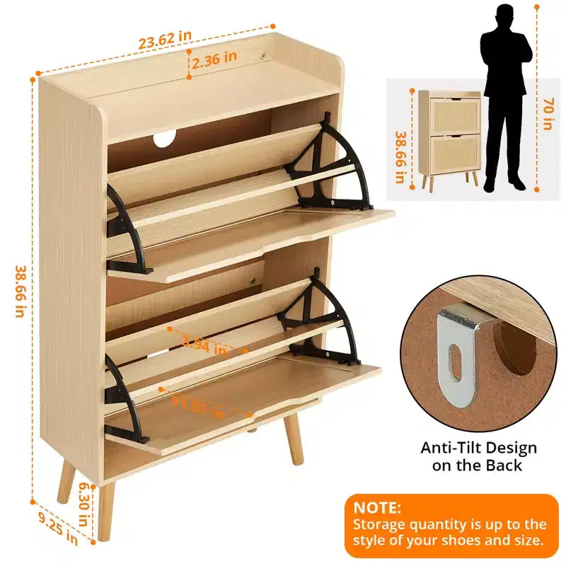 Meuble à chaussures dissimulé avec deux tiroirs basculants en rotin et une conception anti-basculement.
