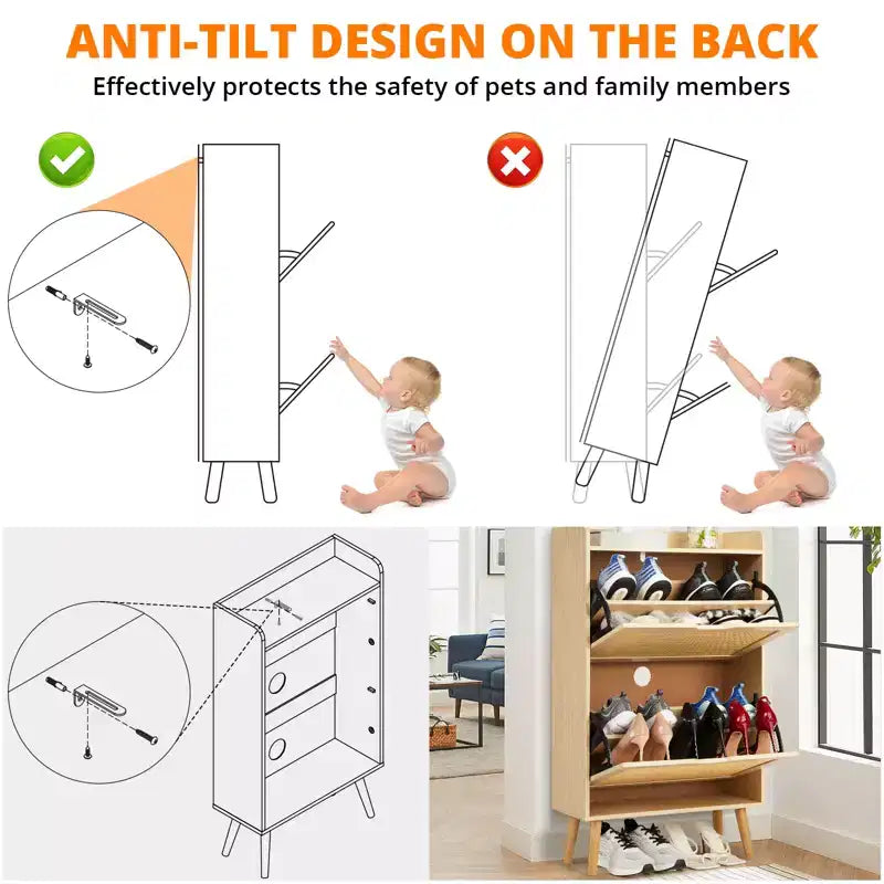 Meuble à chaussures dissimulé avec deux tiroirs basculants en rotin et une conception anti-basculement.