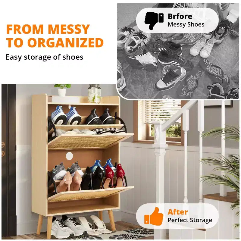Meuble à chaussures dissimulé avec deux tiroirs basculants en rotin et une conception anti-basculement.