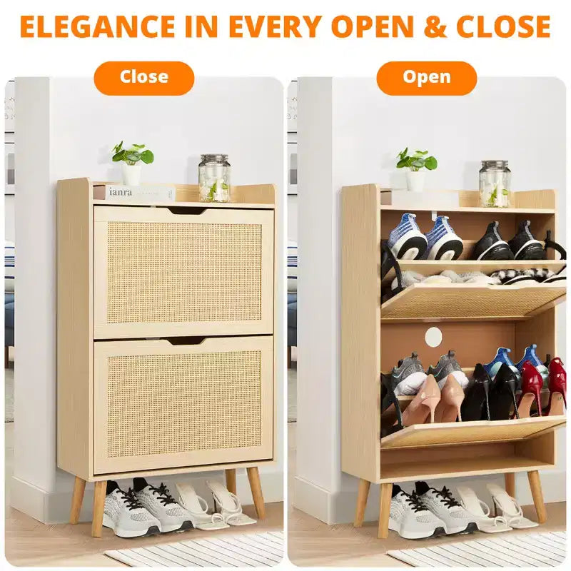 Meuble à chaussures dissimulé avec deux tiroirs basculants en rotin et une conception anti-basculement.