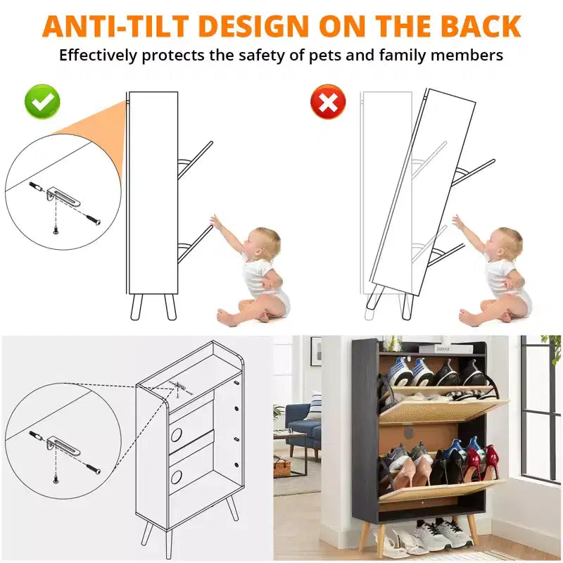 Meuble à chaussures dissimulé avec deux tiroirs basculants en rotin et une conception anti-basculement.