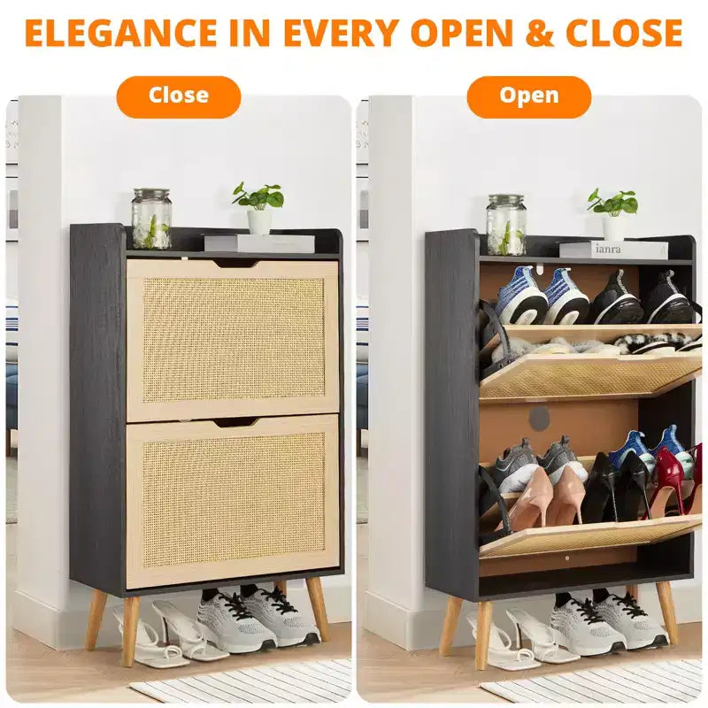 Meuble à chaussures dissimulé avec deux tiroirs basculants en rotin et une conception anti-basculement.