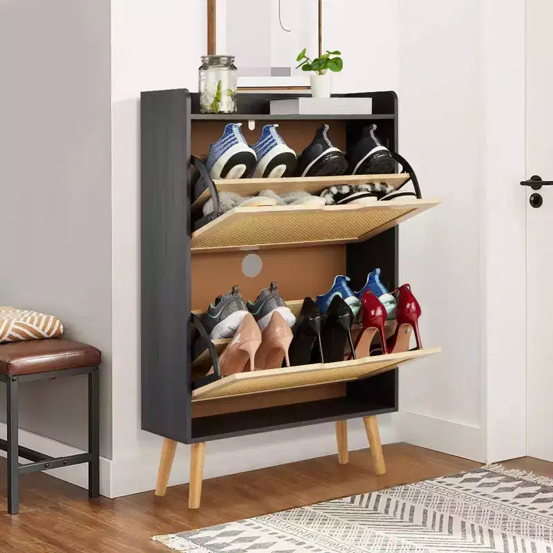 Hidden Shoe Storage with 2 Flip Rattan Flip-Drawer and Anti-Tip Design; Shoe Cabinet for Entryway; Hallway; 12-15 Pairs Storage Organiz