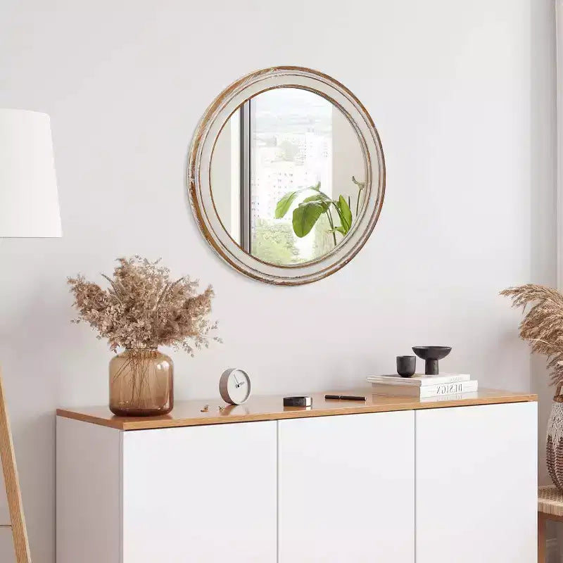 Miroir mural décoratif rond en bois style ferme avec bords blanchis