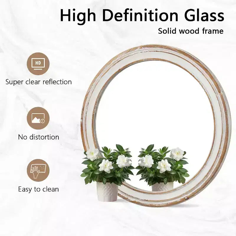 Miroir mural décoratif rond en bois style ferme avec bords blanchis