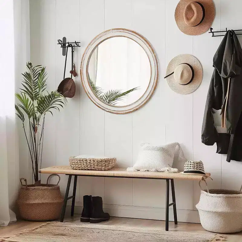 Miroir mural décoratif rond en bois style ferme avec bords blanchis