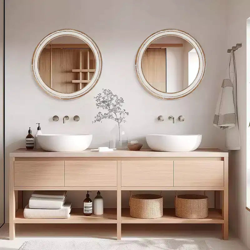 Miroir mural décoratif rond en bois style ferme avec bords blanchis