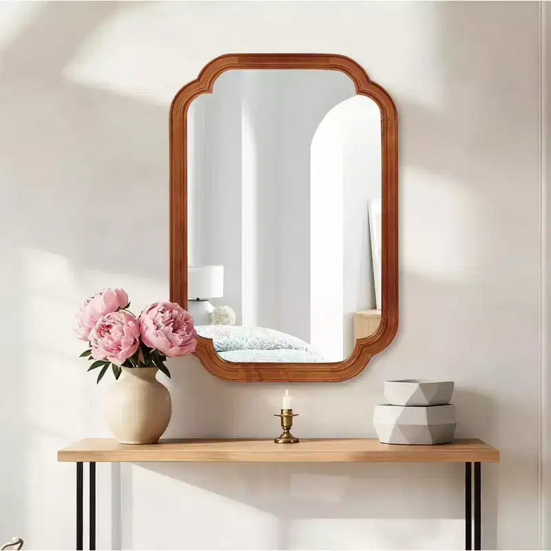 Yellowish Brown Color 20 x 30 Solid Wood Frame Rounded Corner Decorative Mirror; For Bedroom; Bathroom; Living Room; Entryway