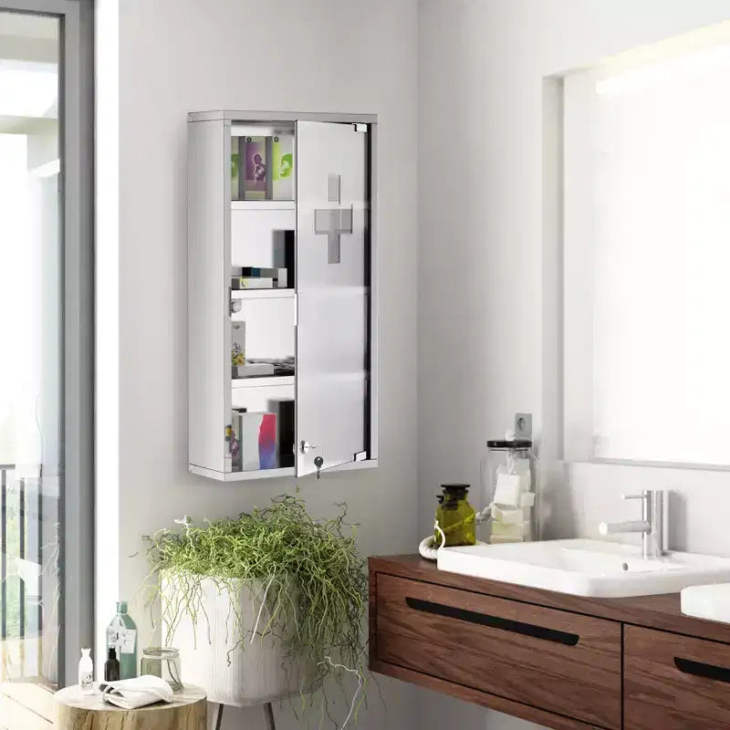 4-Tier Wall Cabinet with Lockable Glass Door & Stainless Steel Frame; Includes 2 Keys; Ideal for Home; Apartment; Bathroom