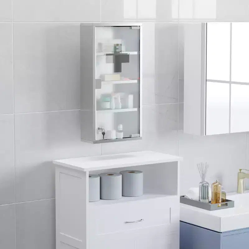 Armoire à quatre niveaux avec portes vitrées verrouillables et cadre en acier inoxydable.