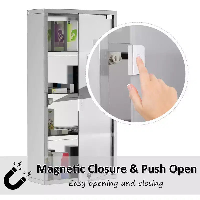 Armoire à quatre niveaux avec portes vitrées verrouillables et cadre en acier inoxydable.