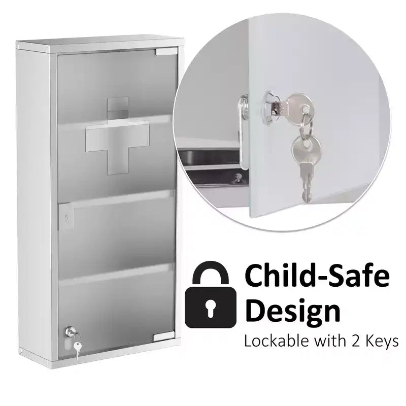 Armoire à quatre niveaux avec portes vitrées verrouillables et cadre en acier inoxydable.