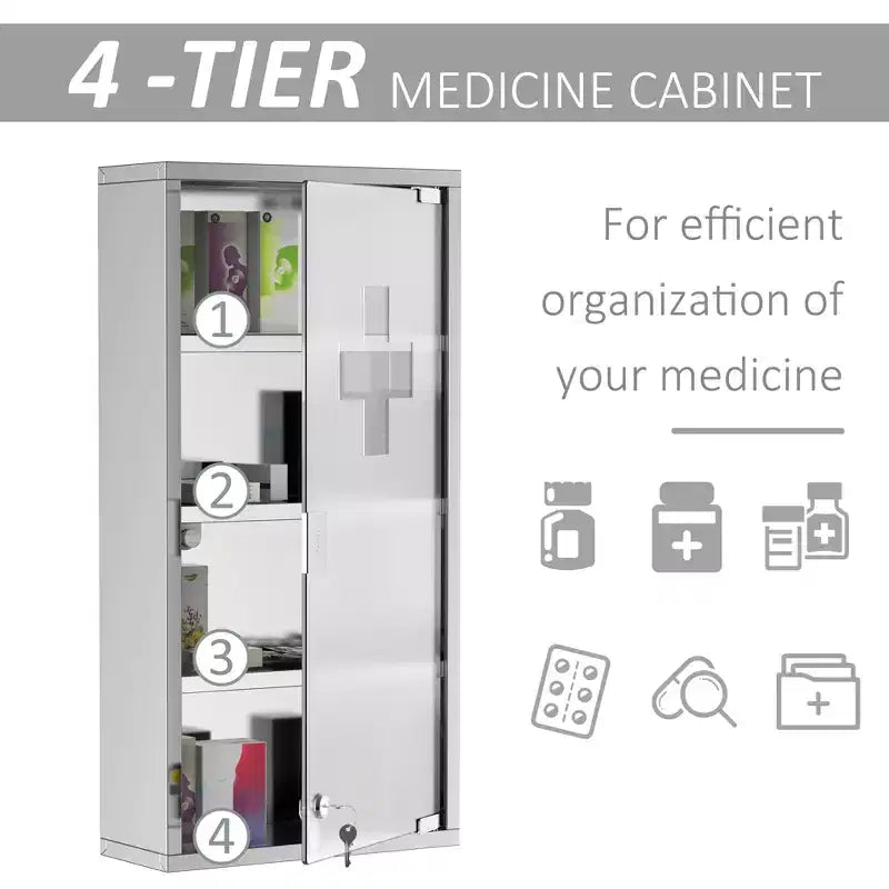 Armoire à quatre niveaux avec portes vitrées verrouillables et cadre en acier inoxydable.