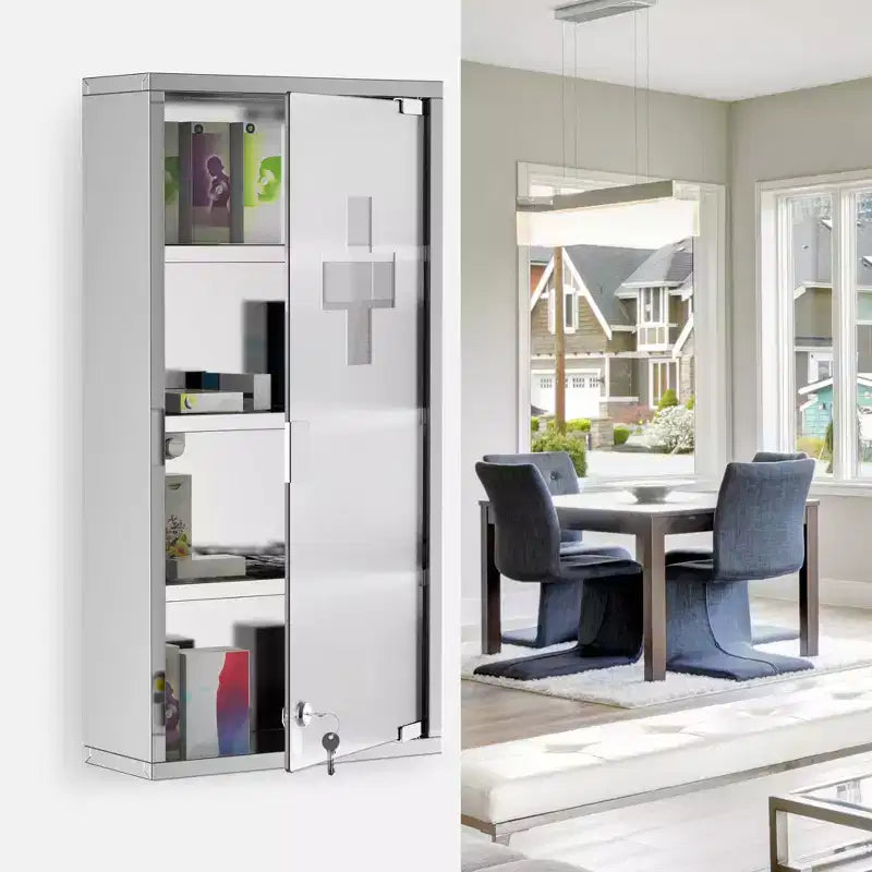 Armoire à quatre niveaux avec portes vitrées verrouillables et cadre en acier inoxydable.