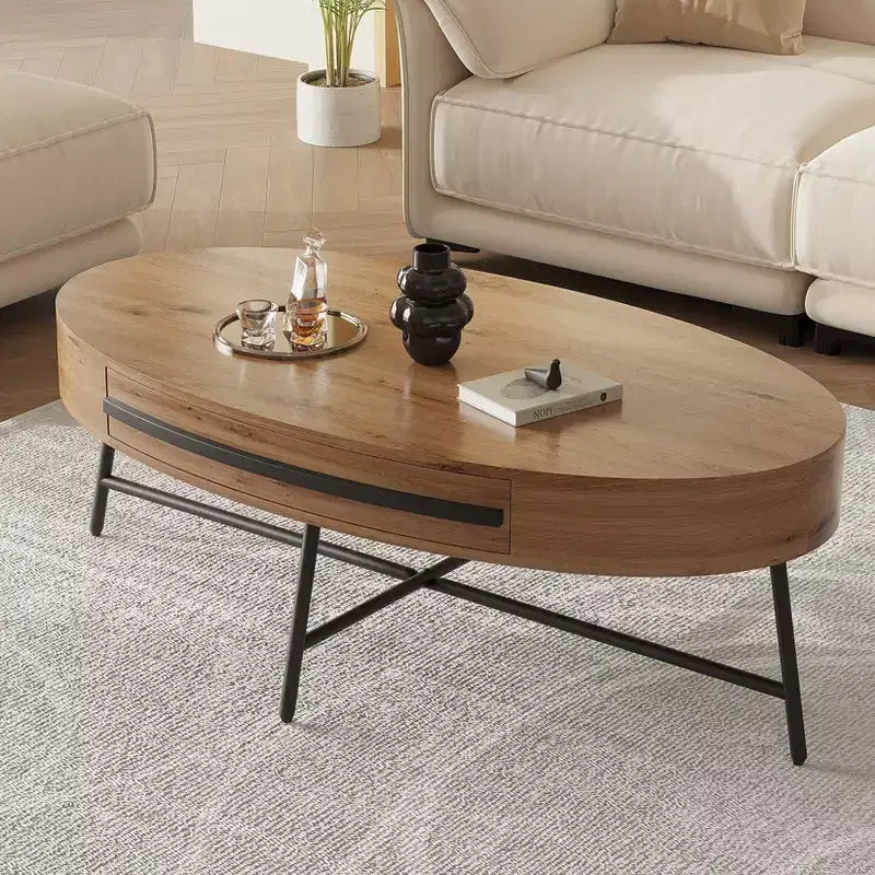Coffee Table Mid-Century Modern Oval - 47.2 Wooden Storage Table with Drawer; Unique Curved Design & Cross Metal Legs for Living Room