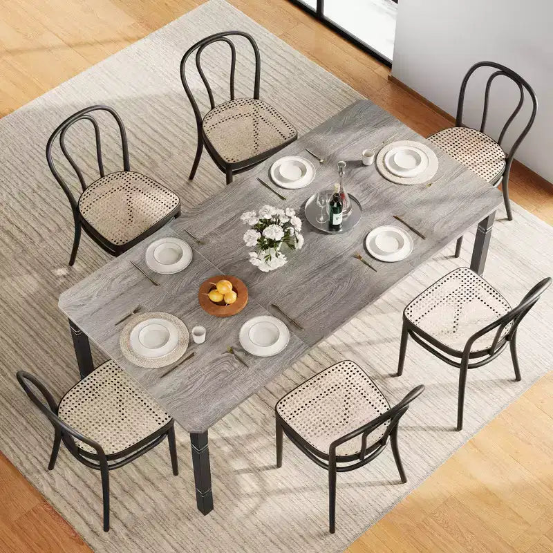 Large dining table; seats 6-8 people - Rectangular wooden modern farmhouse-style dining table with sturdy metal legs; suitable for dining rooms.