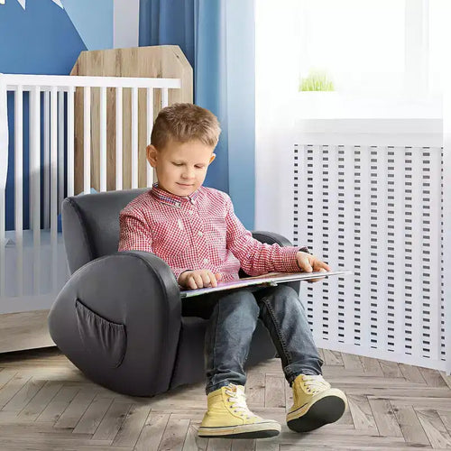 Whisen Kids Sofa Rocking Chair with Side Pocket; PU Leather Toddler Armchair; Gift for Kids - Grey