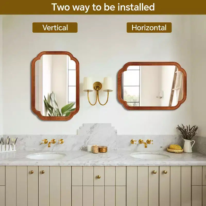 Miroir mural décoratif moderne aux coins arrondis, adapté aux entrées et salles de bain.
