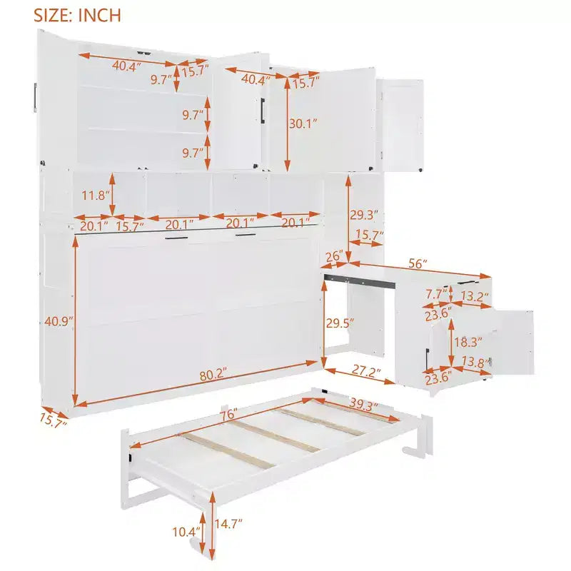 Lit escamotable double avec tiroirs et bureau