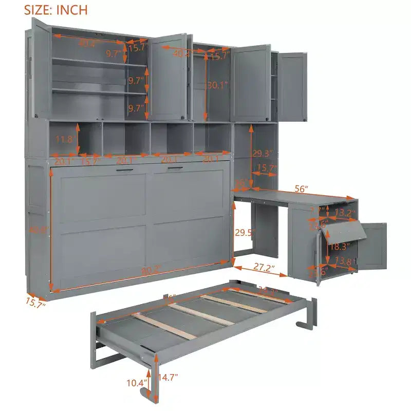 Lit escamotable double avec tiroirs et bureau