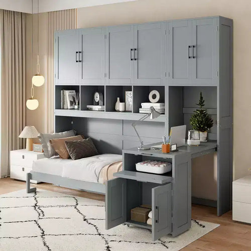 Twin Murphy Bed Frame with Drawers and Desk; Wall Bed Frame with Storage Cabinet and Shelves; Twin Size Folding Murphy Bed for Home Office