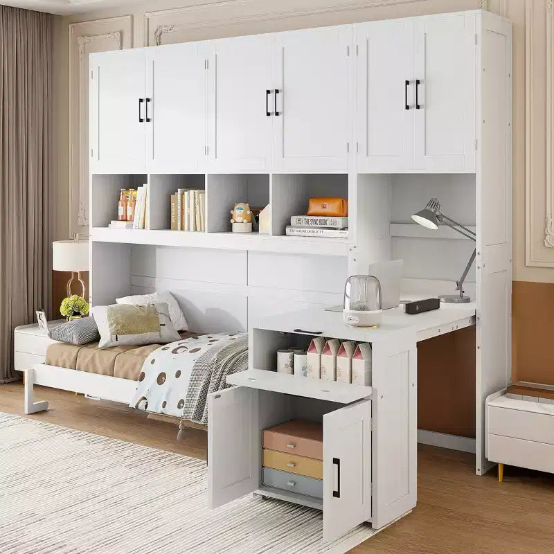 Lit escamotable double avec tiroirs et bureau
