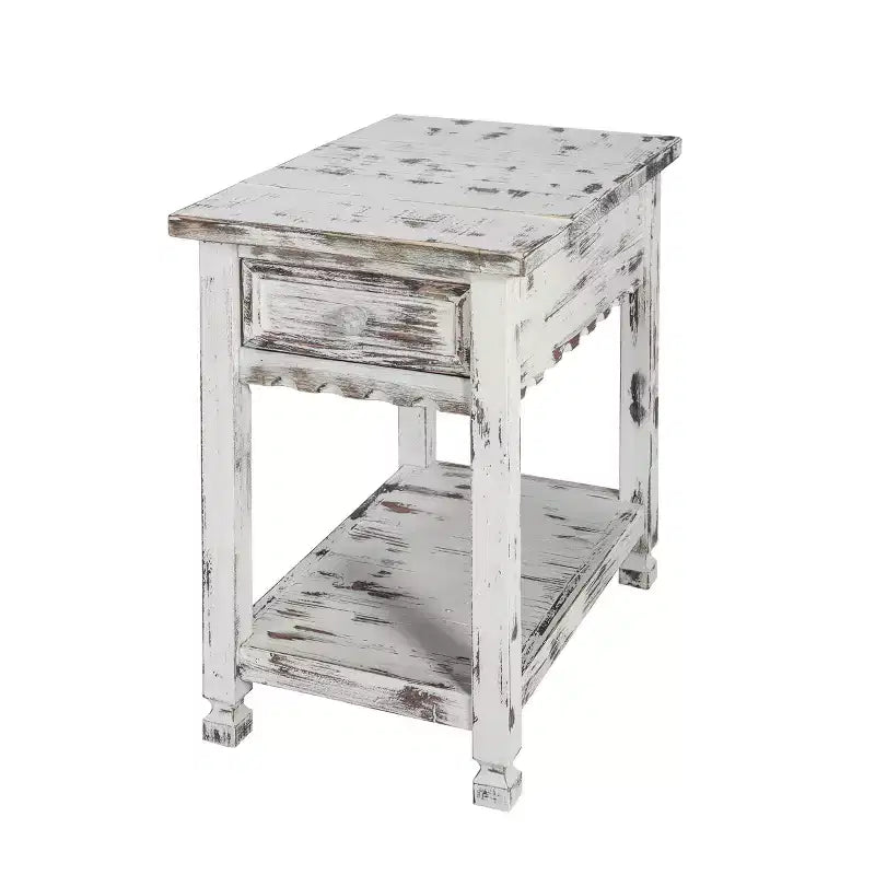 Rustic Cottage Chairside End Table with 1 Drawer & 1 Shelf Antique Dental Work; Distressed White Finish & Square Turned Legs for Living Room