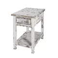 Rustic Cottage Chairside End Table with 1 Drawer & 1 Shelf Antique Dental Work; Distressed White Finish & Square Turned Legs for Living Room