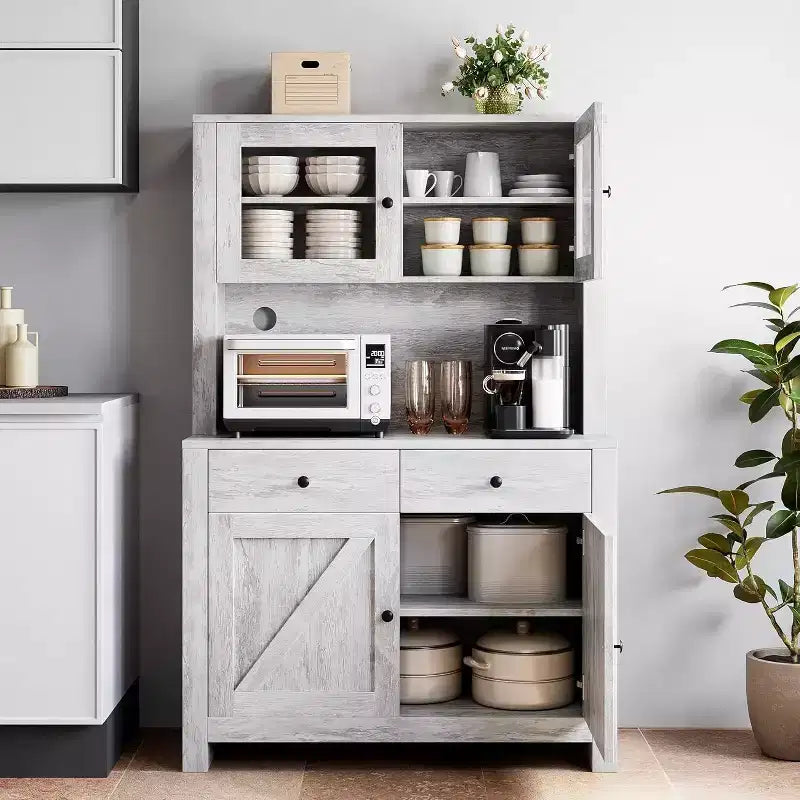 Freestanding Pantry Cabinet with Microwave Stand; Drawers; Doors & Adjustable Shelves; Food Storage Buffet Cabinet for Kitchen; Dining Room; Gray